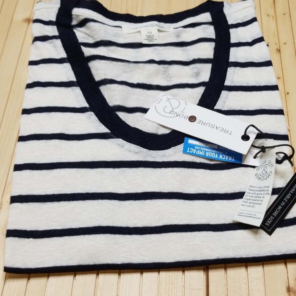 Navy Striped Treasure & Bond U-Neck Linen T BNWT! - Picture 5 of 8